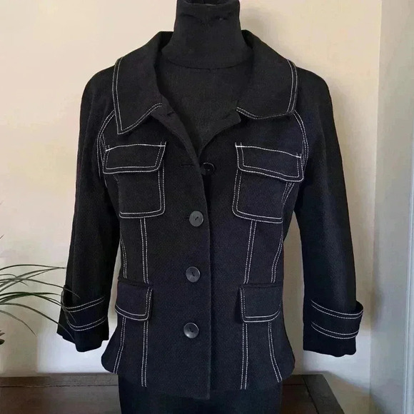 ❤️ Joe Fresh Black Blazer Jacket with White  Stitching Size 6 - Picture 5 of 9